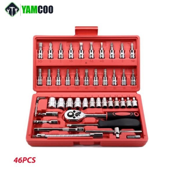 Jeu De 46 Douilles 1/4" Chrome Vanadium – Coffret Complet Avec Clé à Cliquet 72 Dents, Embouts Torx, PH, PZ